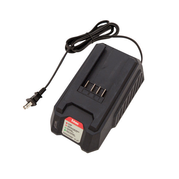 Eskimo 40v Battery Charger in black with indicator lights and an attached power cord designed for efficient charging of compatible batteries.
