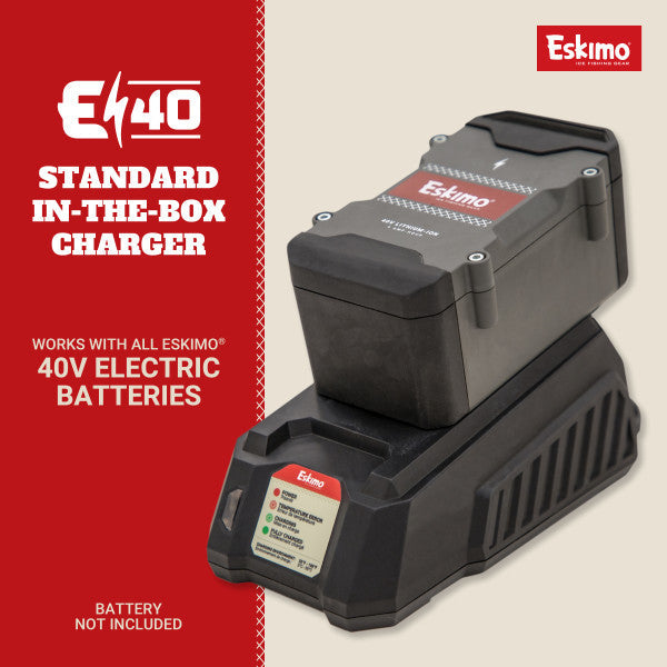 Eskimo 40v Battery Charger shown in black and gray with red and white branding, designed to charge 40-volt electric batteries, ideal for fishing tackle and marine electronics.