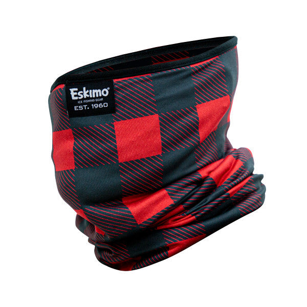 Eskimo Buffalo Plaid Neck Gaiter in red and black checkered pattern, designed to provide warmth and protection during outdoor activities like fishing.