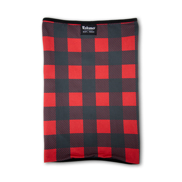 Eskimo Buffalo Plaid Neck Gaiter with red and black checkered pattern, made of soft fabric designed to provide warmth and protection during outdoor fishing and cold weather activities.