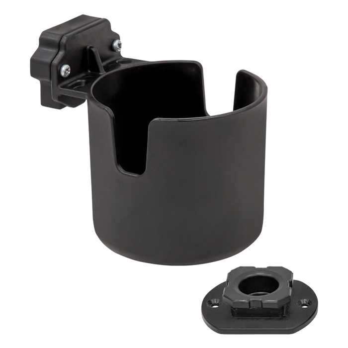 Black plastic Eskimo E-Hub Cup Holder with mounting bracket and detachable base, designed for secure attachment to boats or fishing gear for convenient drink storage.