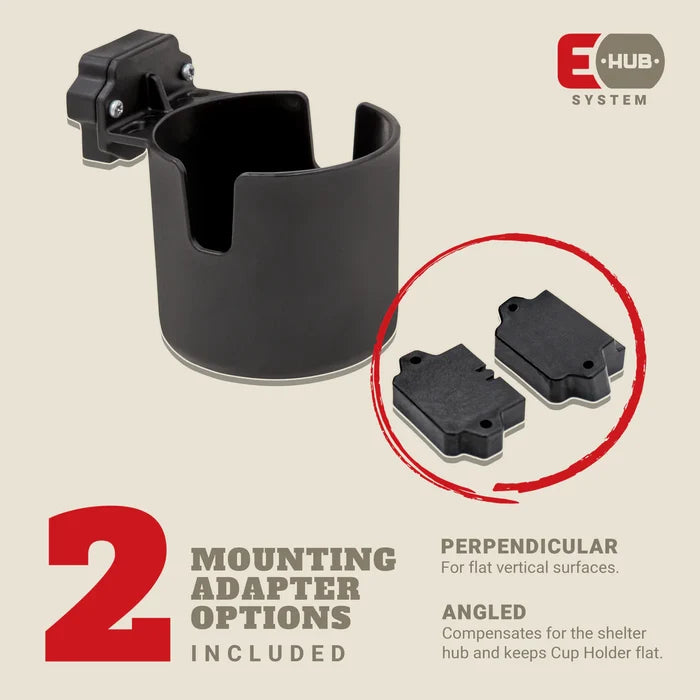 Eskimo E-Hub Cup Holder in black with two mounting adapter options for flat vertical or angled surfaces, designed to keep the cup holder stable and secure.