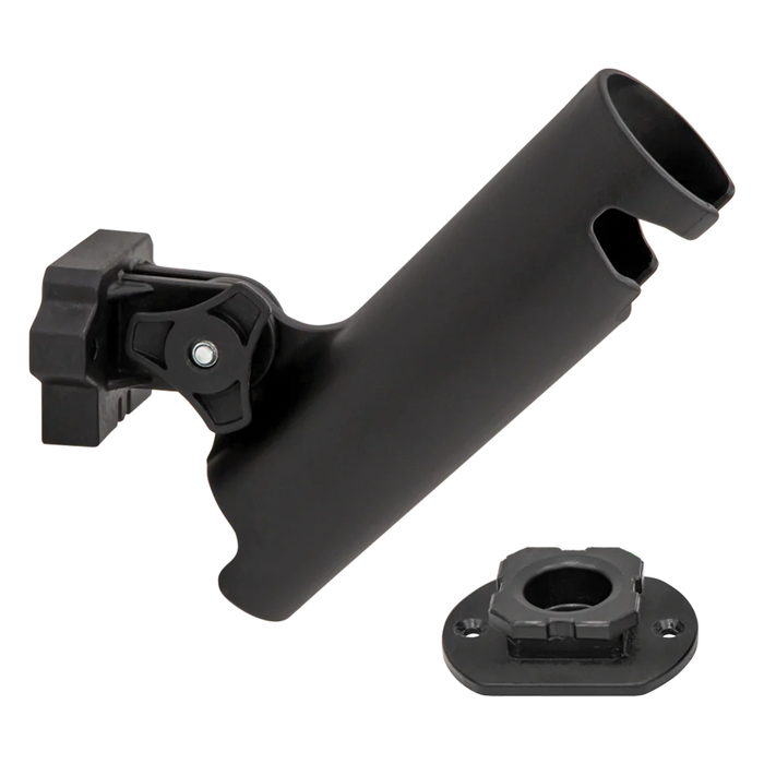 Eskimo E-Hub Deadstick Holder made of durable black plastic with adjustable mount and separate base plate, designed to securely hold fishing rods and tackle.