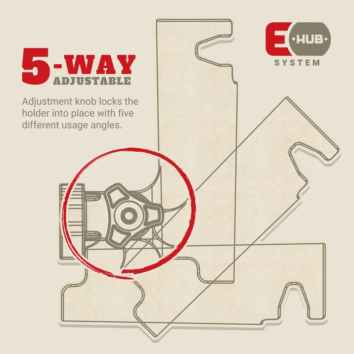 Diagram showing the Eskimo E-Hub Deadstick Holder with a 5-way adjustable knob that locks the holder in place at five different angles for versatile fishing tackle positioning.