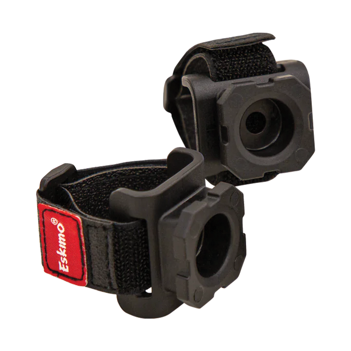 Two black adjustable strap bases with square mounting hubs and red Eskimo labels, shown isolated on a white background for the Eskimo E-Hub Flip Shelter Base (2 Pack).