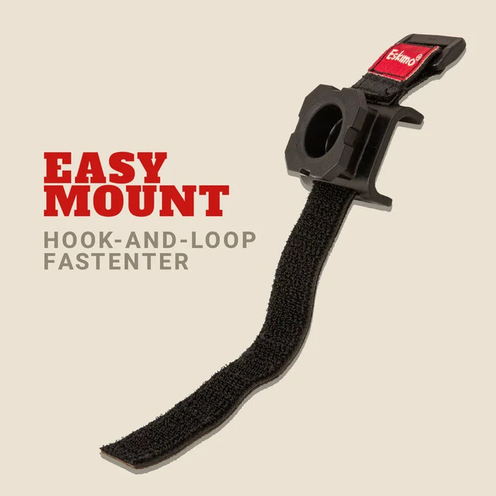 Black hook-and-loop fastener strap with a square plastic mount and red label, designed for easy attachment, shown against a beige background, for Eskimo E-Hub Flip Shelter Base (2 Pack)