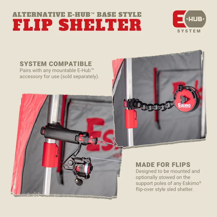 Close-up view of Eskimo E-Hub Flip Shelter Base (2 Pack) mounted on a sled shelter pole, showing a red and black fishing rod holder component designed for mounting and stowing accessories.