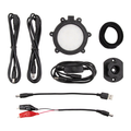 Eskimo E-Hub Shelter Light Kit showing a round LED light with black housing, multiple connecting cables including USB and alligator clips, a mounting bracket, and a black Velcro strap for securing components.