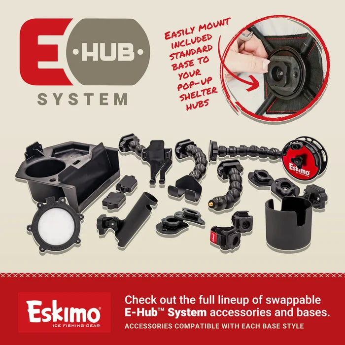 Eskimo E-Hub Shelter Light Kit showing multiple black plastic mounting accessories and components designed for easy attachment to pop-up shelter hubs, with a hand demonstrating installation.