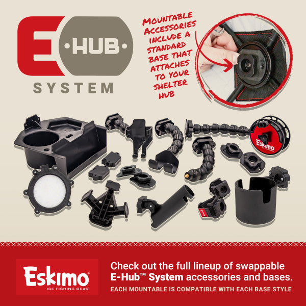 Eskimo E-Hub Triple Mount Splitter shown with multiple black mounting accessories and parts for customizable ice fishing shelter setups, highlighting compatibility and versatility.