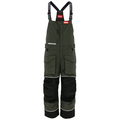Eskimo Expedition Bib - Men's in dark green with black reinforced knee and ankle panels, adjustable black suspenders, multiple zippered and flap pockets, designed for outdoor fishing and ice fishing activities.