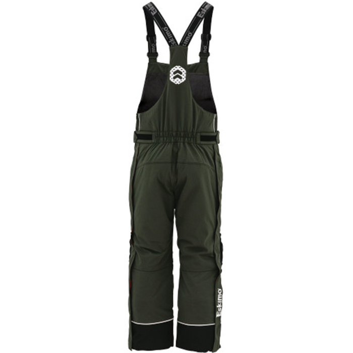 Eskimo Expedition Bib - Men's in dark green with black adjustable suspenders, reinforced knees, and reflective accents designed for cold-weather fishing and outdoor activities.