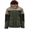 Eskimo Expedition Jacket - Men's in olive and tan with red plaid lining, featuring multiple pockets, adjustable hood, and durable weather-resistant fabric for outdoor fishing and cold conditions.