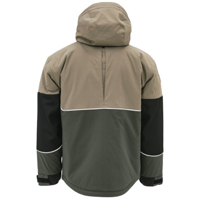 Eskimo Expedition Jacket - Men's shown from the back, featuring a two-tone design in olive green and tan with black reinforced sleeves, a hood, and adjustable cuffs for outdoor fishing comfort.