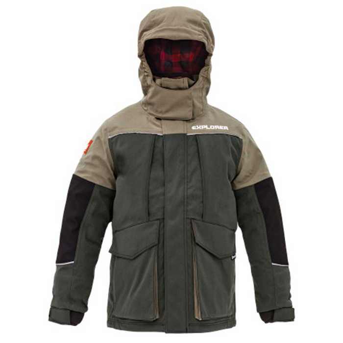 Eskimo Explorer Jacket - Youth with a two-tone green and tan design, featuring a hood, multiple front pockets, and insulated lining with a red plaid pattern for cold weather protection.