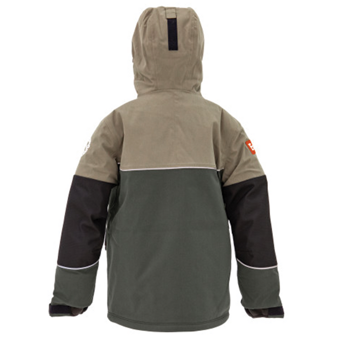 Eskimo Explorer Jacket - Youth shown from the back, featuring a two-tone design in tan and dark green with black reinforced elbow patches and a hood for cold weather fishing.