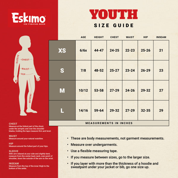 Youth size guide chart for Eskimo Explorer Jacket - Youth displaying measurements for chest, waist, hip, sleeve, and inseam across sizes XS, S, M, and L with preparation instructions for accurate fitting.