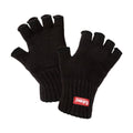 Pair of black Eskimo Fingerless Wool Glove made from warm wool material with ribbed cuffs and an exposed finger design, featuring a red brand tag on the wrist.