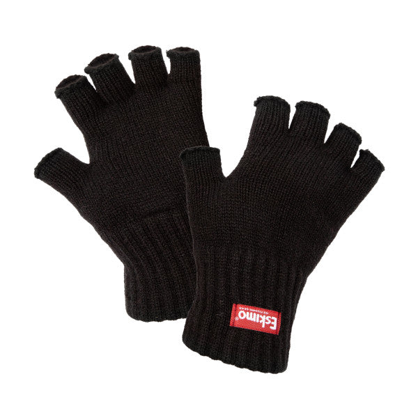 Pair of black Eskimo Fingerless Wool Glove made from warm wool material with ribbed cuffs and an exposed finger design, featuring a red brand tag on the wrist.