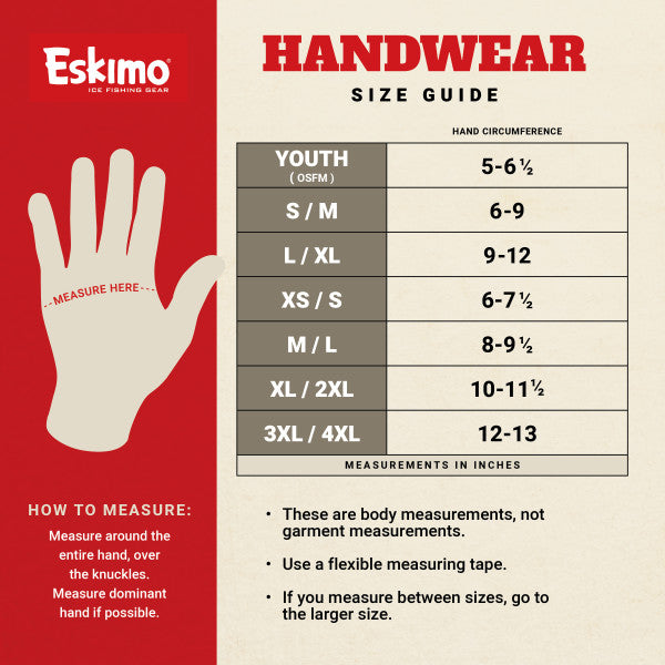 Eskimo Fingerless Wool Glove size guide showing hand circumference measurements for various sizes, with instructions to measure around the entire hand over the knuckles using flexible tape.