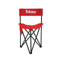 Eskimo Folding Ice Chair in bright red fabric with black metal frame, featuring a supportive backrest with Eskimo logo, designed for comfort during ice fishing trips.