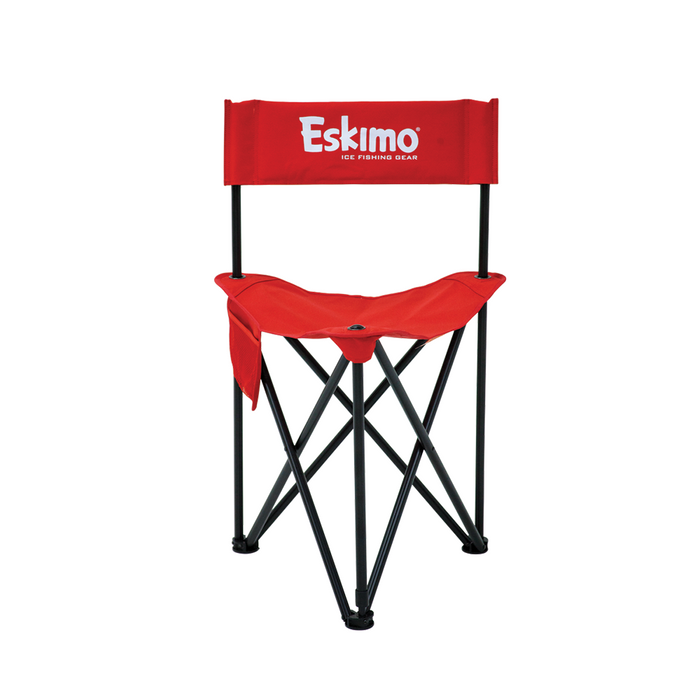 Eskimo Folding Ice Chair in bright red fabric with black metal frame, featuring a supportive backrest with Eskimo logo, designed for comfort during ice fishing trips.