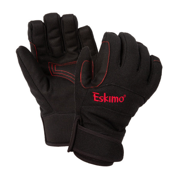 Pair of black insulated Eskimo Hole Hopper Glove with red stitching and logo, designed for cold weather fishing and outdoor activities, featuring adjustable wrist straps for secure fit.