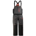 Eskimo Keeper Bib - Men's in dark gray with black reinforced knee panels and red zipper accents, featuring adjustable shoulder straps and multiple pockets for fishing tackle storage.