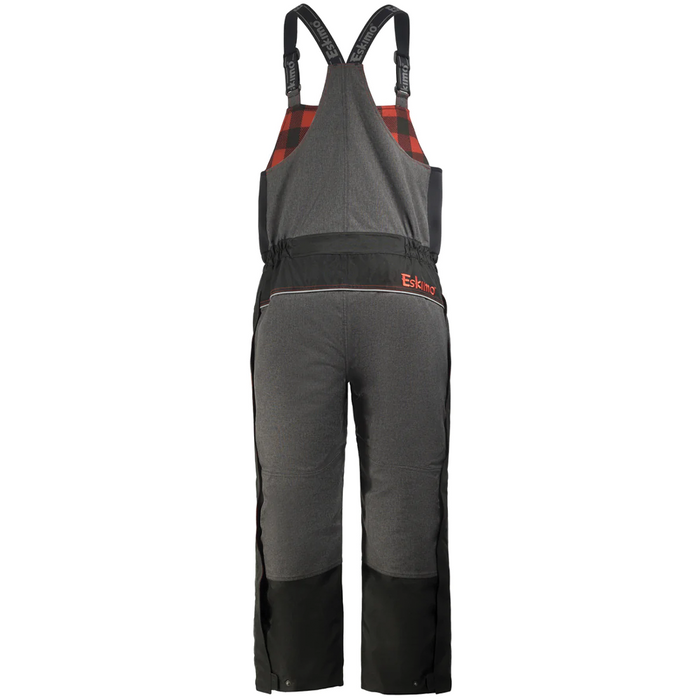 Eskimo Keeper Bib - Men's shown in gray and black insulated bib overalls with adjustable black shoulder straps and red plaid fabric accents on the upper chest for cold weather fishing protection.