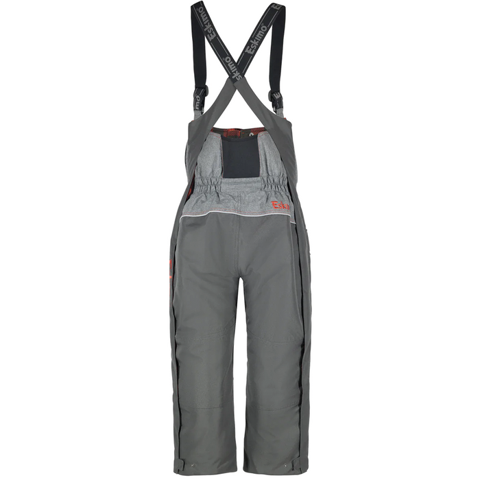 Eskimo Keeper Bib - Women's in dark gray with adjustable black suspenders, elastic waistband, and front zippered pockets designed for cold-weather fishing activities.