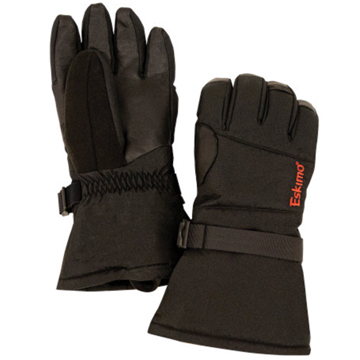 Pair of black insulated winter gloves with adjustable wrist straps and reinforced palms, featuring the Eskimo brand logo, designed for cold weather fishing use called Eskimo Keeper Glove.
