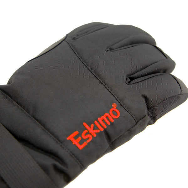 Close-up of a black Eskimo Keeper Glove designed for cold weather fishing, featuring durable material and red embroidered Eskimo logo on the back of the hand.