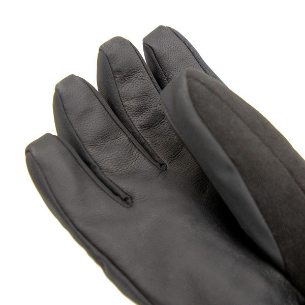 Close-up of a black Eskimo Keeper Glove showing detailed stitching and textured leather exterior designed for durability and warmth in cold fishing environments.
