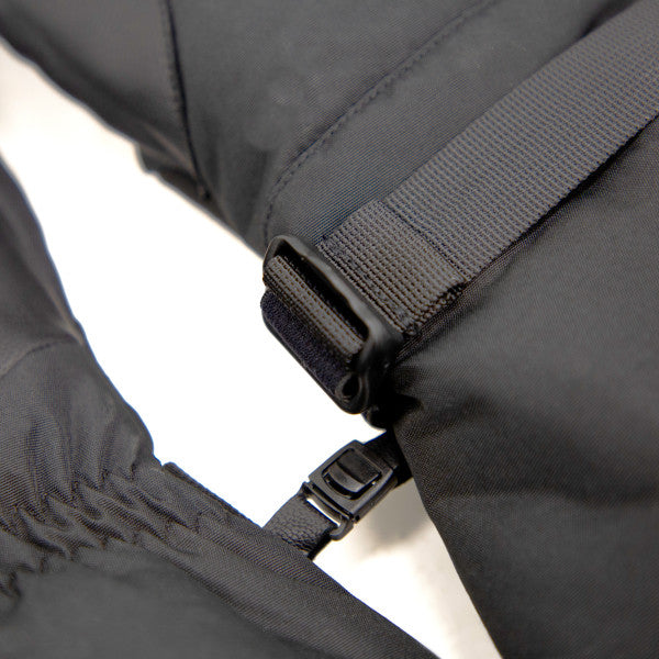 Close-up of black Eskimo Keeper Glove showing adjustable strap with plastic buckle and durable fabric designed for secure fit and cold weather fishing comfort.