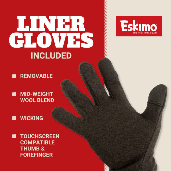 Close-up of a black liner glove made from mid-weight wool blend with touchscreen compatible thumb and forefinger, shown alongside a red and beige background highlighting features for Eskimo Keeper Glove.
