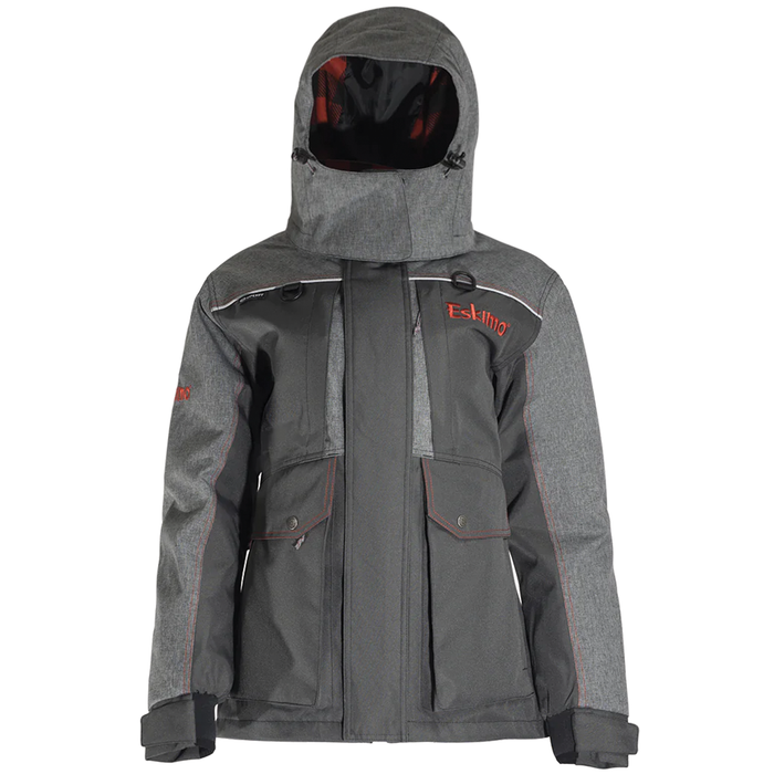 Eskimo Keeper Jacket - Women's shown in dark gray and black with red accents, featuring a hood, multiple front pockets, and adjustable wrist cuffs designed for cold weather fishing.