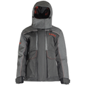 Eskimo Keeper Jacket - Women's shown in dark gray and black with red accents, featuring a hood, multiple front pockets, and adjustable wrist cuffs designed for cold weather fishing.