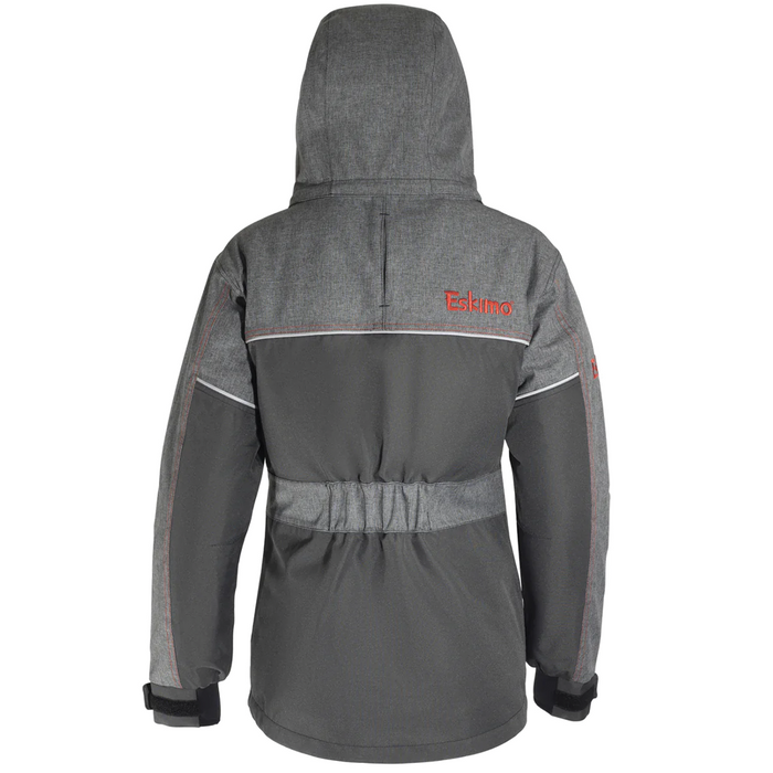 Eskimo Keeper Jacket - Women's shown from the back, dark gray with lighter gray upper section, adjustable waist cinch, hood, and embroidered logo, designed for cold weather fishing conditions.