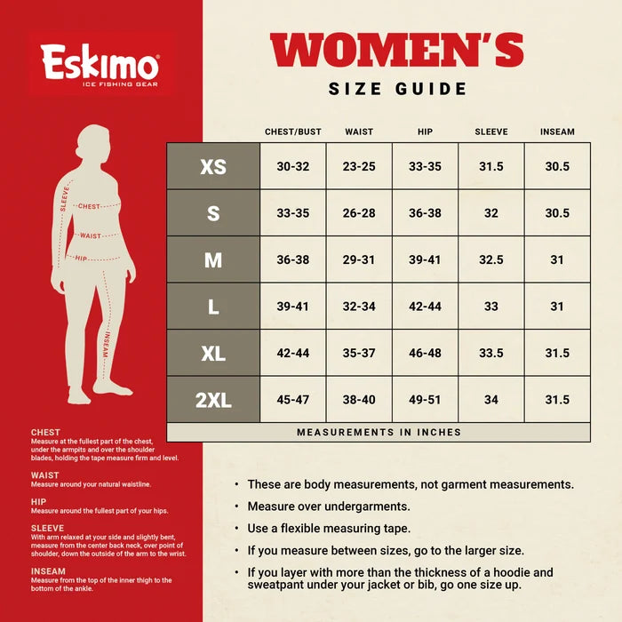 Eskimo Keeper Jacket - Women's size chart showing chest, waist, hip, sleeve, and inseam measurements for sizes XS to 2XL with measurement guidelines and a silhouette illustration.