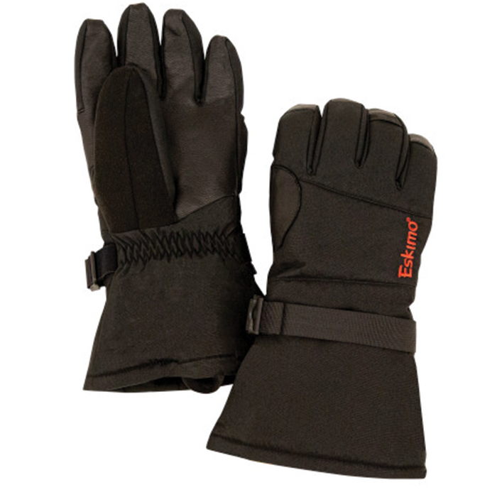 Pair of black insulated Eskimo Lockout Flex Glove with adjustable wrist straps and reinforced palms designed for cold weather fishing and outdoor activities.