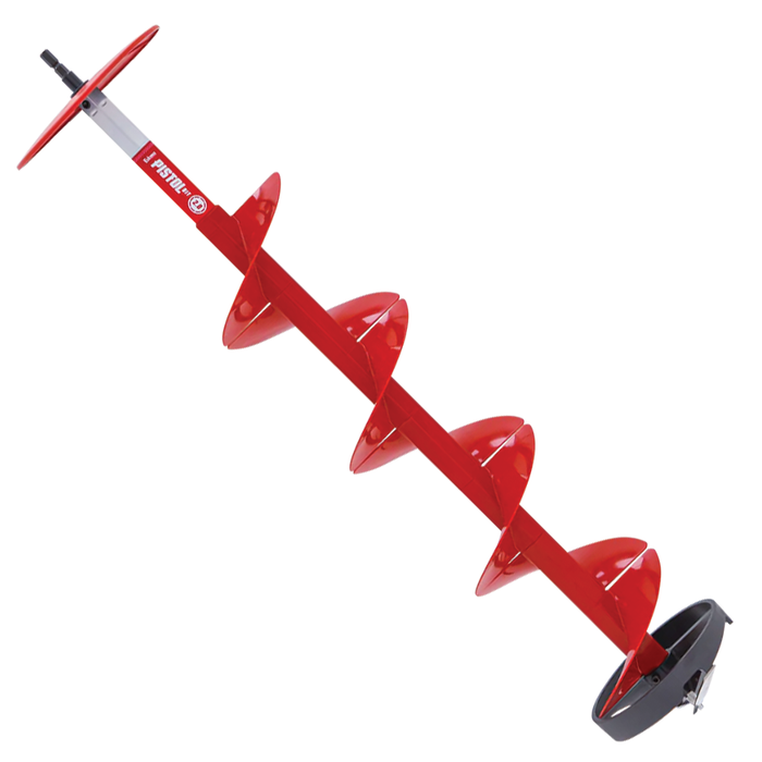Eskimo Pistol Bit 2.0 Auger Flighting in red metal, designed with a spiral blade and a protective black tip for efficient ice fishing hole drilling.