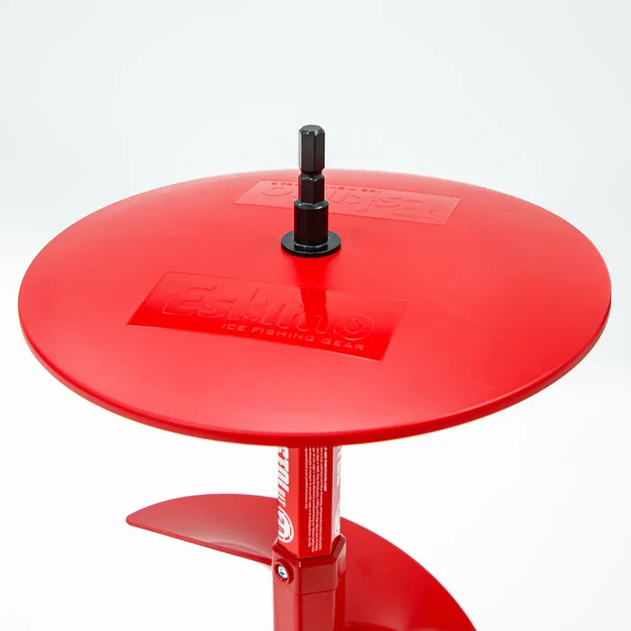 Close-up of a bright red Eskimo Pistol Bit 2.0 Auger Flighting with a wide circular plastic blade and central metal bit attachment for ice fishing use.
