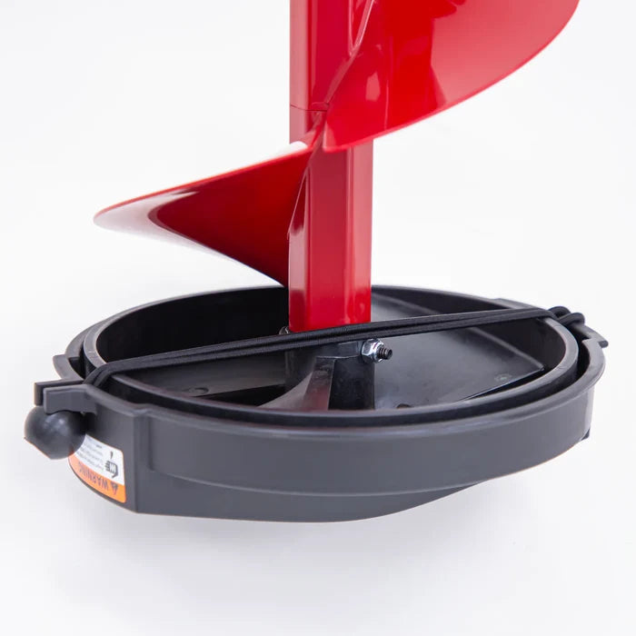 Close-up of red Eskimo Pistol Bit 2.0 Auger Flighting attached to a black ice fishing auger base, designed for efficient ice drilling in fishing activities.