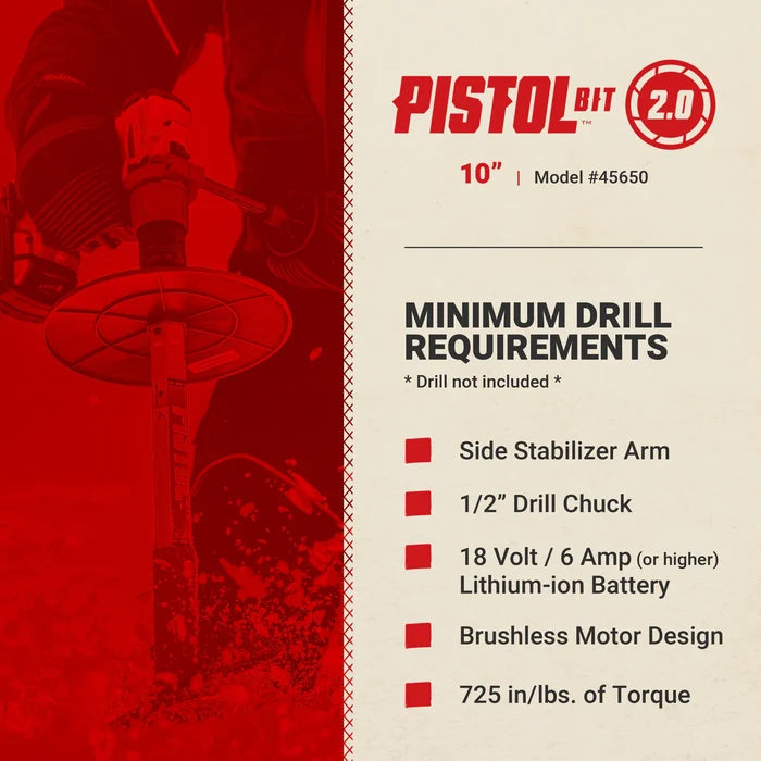 Eskimo Pistol Bit 2.0 Auger Flighting featuring a 10-inch flighting design, side stabilizer arm, 1/2 inch drill chuck, compatible with 18 volt lithium-ion battery drills, brushless motor design, and 725 inch-pounds of torque for efficient ice fishing.