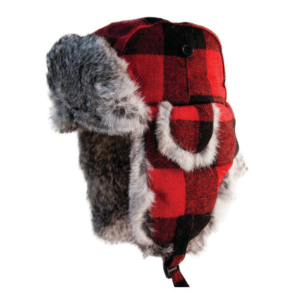 Eskimo Plaid Alaskan Fur Hat featuring a red and black plaid pattern with soft gray fur lining and ear flaps designed for warmth and outdoor use.