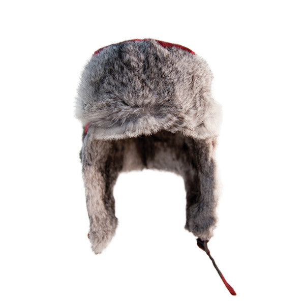 Eskimo Plaid Alaskan Fur Hat featuring thick gray faux fur lining and ear flaps with a plaid fabric top, designed for warmth and outdoor use in cold weather.