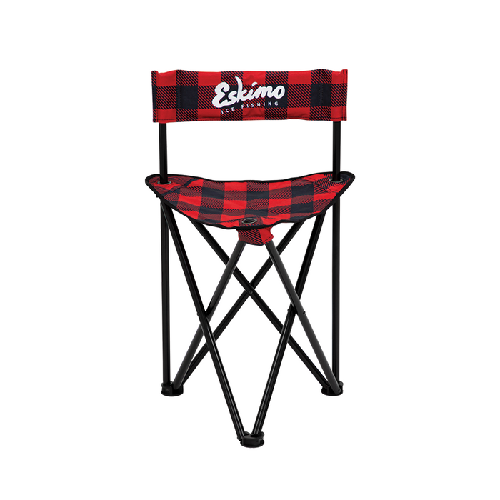 Eskimo Plaid Folding Ice Chairs with red and black checkered fabric, lightweight black metal frame, and a supportive backrest, designed for comfortable outdoor fishing or ice fishing seating.