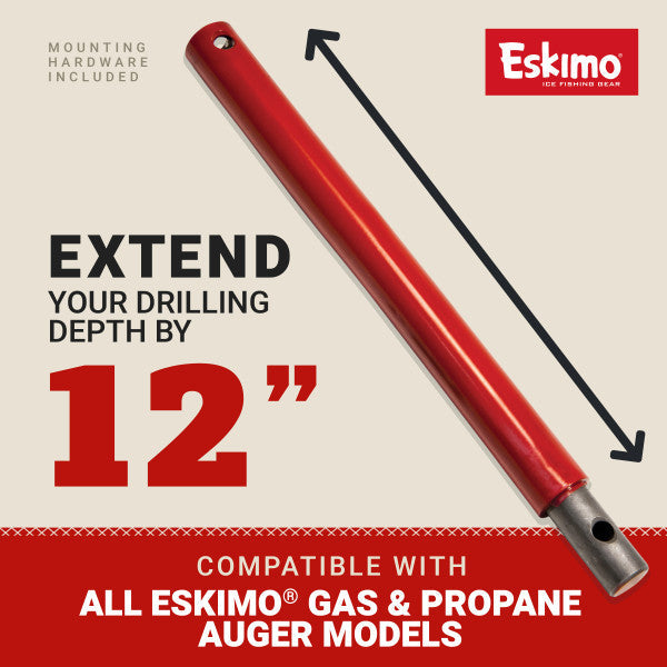 Eskimo Power Auger Extension is a red metal tube designed to extend drilling depth by 12 inches, compatible with all Eskimo gas and propane auger models with mounting hardware included.
