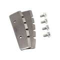 Two silver metal blades with notches and holes alongside four small hex screws, showing the components of Eskimo Power Blades for fishing tackle use.