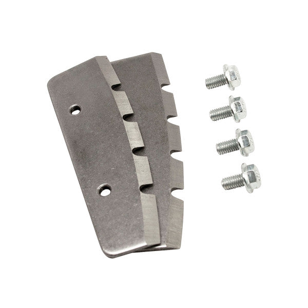 Two silver metal blades with notches and holes alongside four small hex screws, showing the components of Eskimo Power Blades for fishing tackle use.